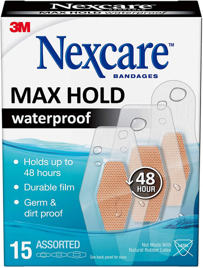 Nexcare Bandages Max Hold Waterproof Bandages, Dirtproof, Germproof Assorted, 15 Count