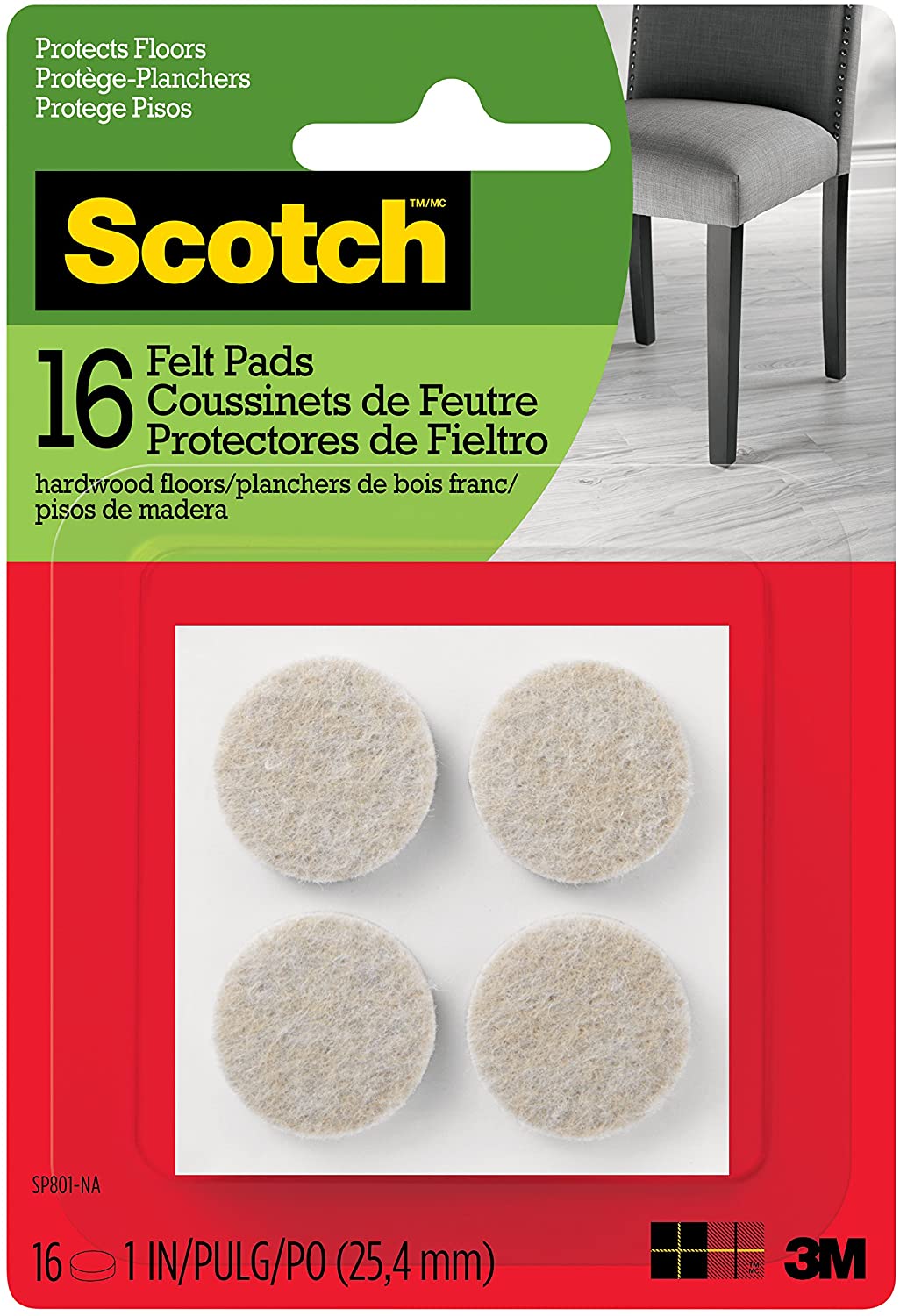 Scotch Felt Pads Round, 1 inch Diameter, 16 pcs Beige Fastening and Surface Protection Protects floors