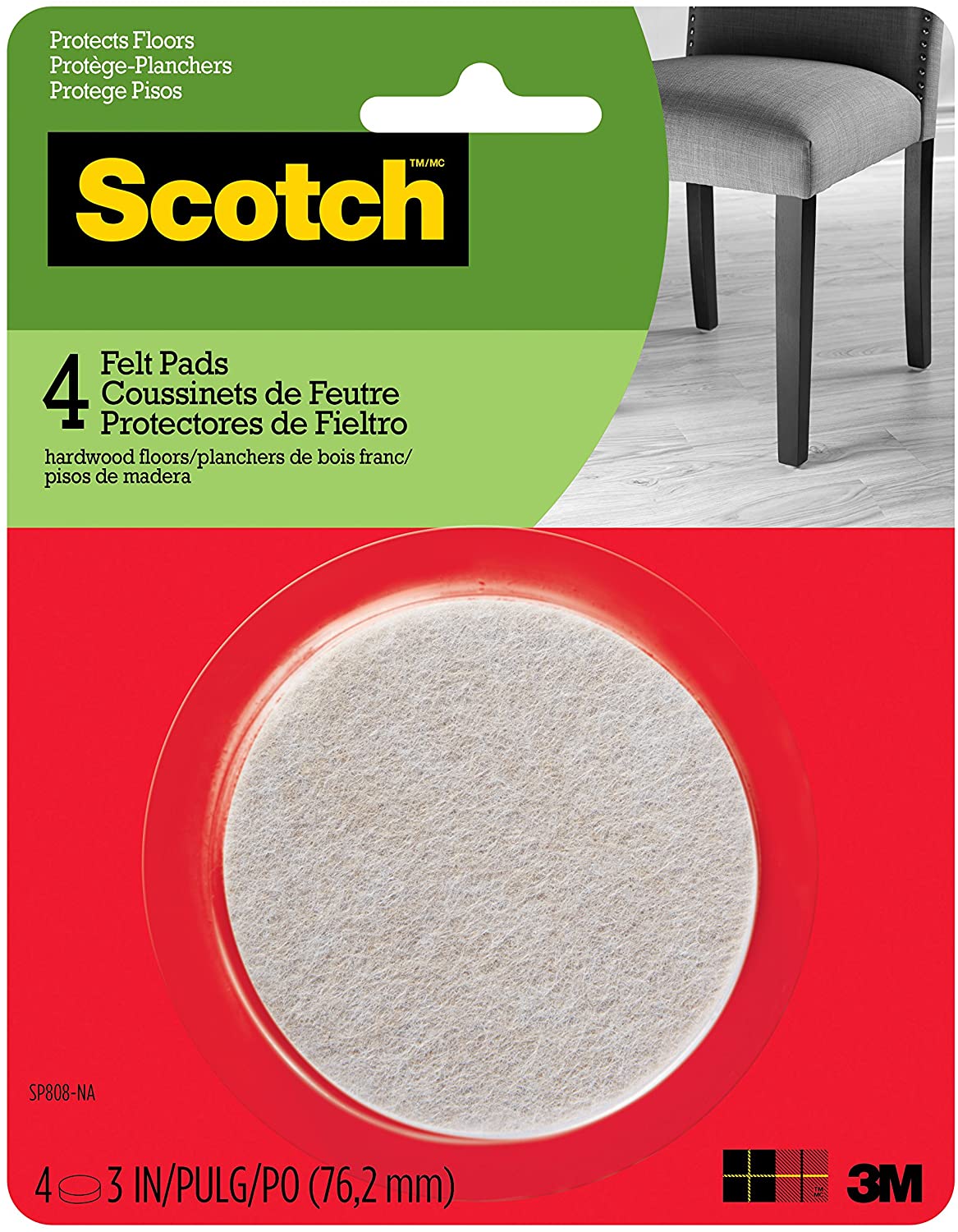 Scotch Felt Pads Round, 3 inch Diameter, 4 pcs Beige Fastening and Surface Protection Protects floors