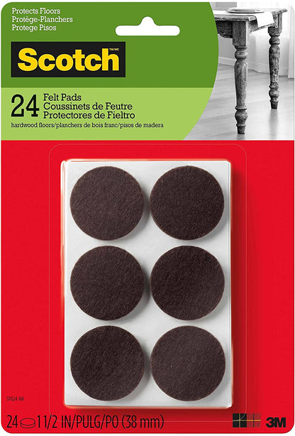 Scotch Mounting, Fastening and Surface Protection Felt Pads Round, 1.5 in. Diameter, 24 pcs Brown