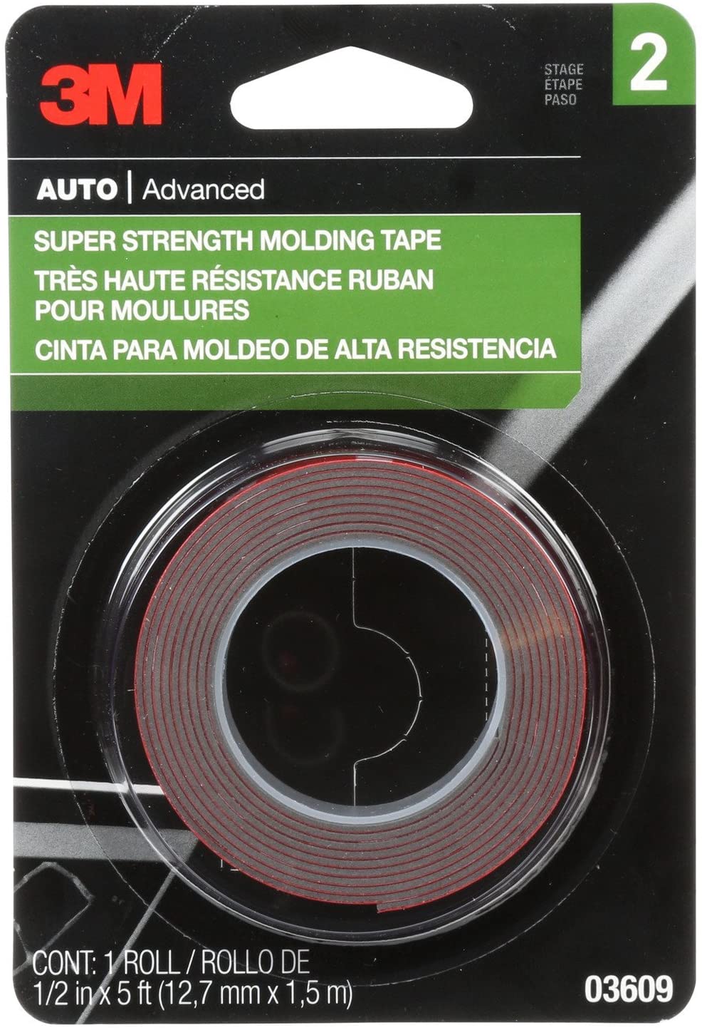 3M Super Strength Molding Tape, 03609, 1/2 in x 5 ft Resists moisture, UV and Solvents