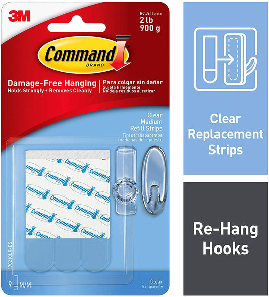 Command Clear Replacement Strips, Re-Hang Indoor Clear Hooks, 9 strips 0.63 x 1.75