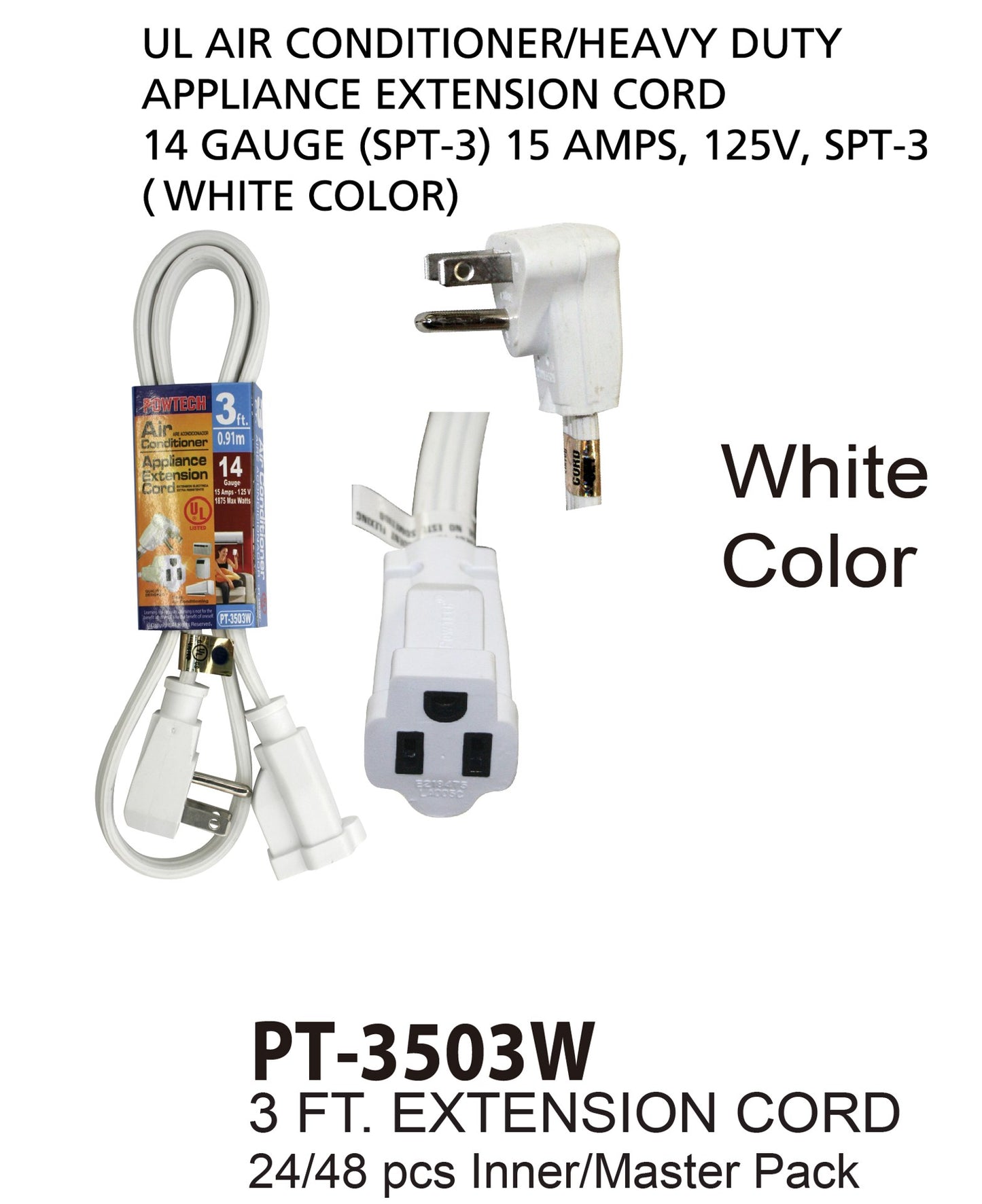POWTECH Heavy duty 3 FT Air Conditioner Major Appliance Extension Cord UL Listed 14 Gauge, 125V, 15 Amps, 1875 Watts