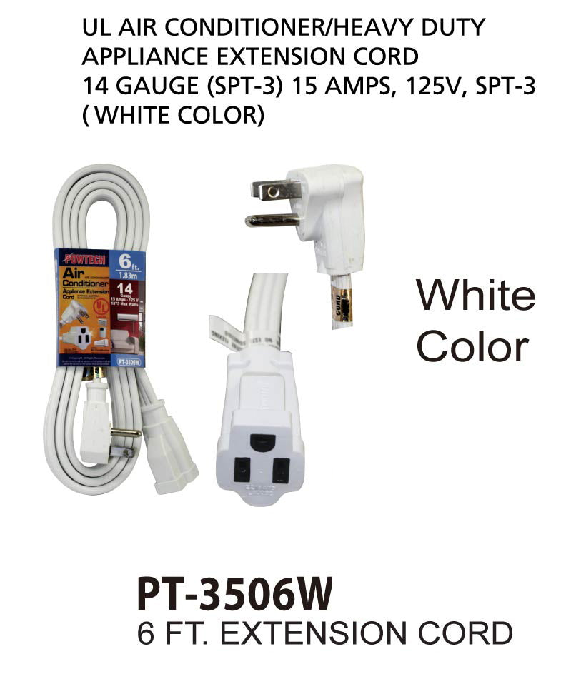 POWTECH Heavy duty 6 FT White Air Conditioner, Major Appliance Extension Cord UL Listed 14 Gauge, 125V, 15 Amps, 1875 Watts
