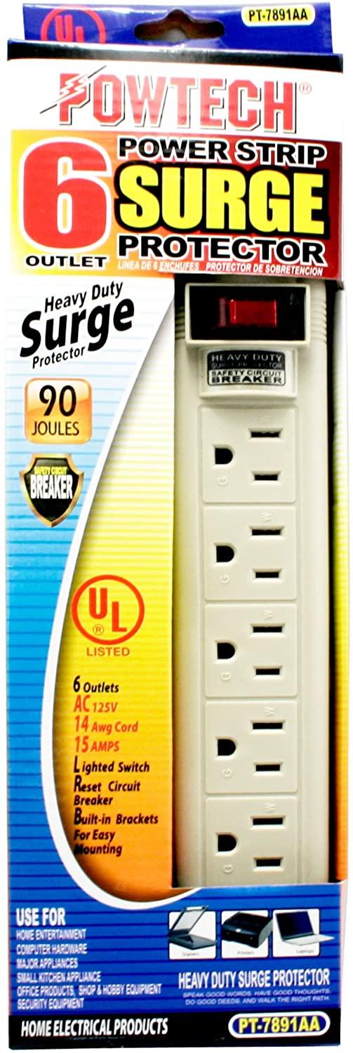 T-Type Connectors 6 Outlet Surge Protector Power Strip Safety Circuit Breaker Heavy Duty 1.5 Ft Power Cord POWTECH UL Listed