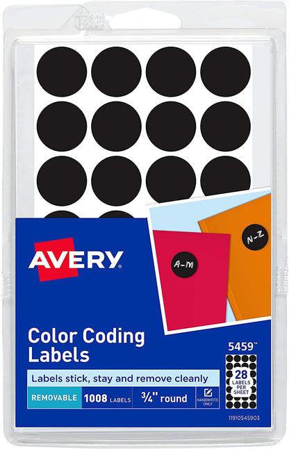 Avery Handwrite Only Removable Round Color-Coding Labels, 3/4" dia, Black - Pack of 1008