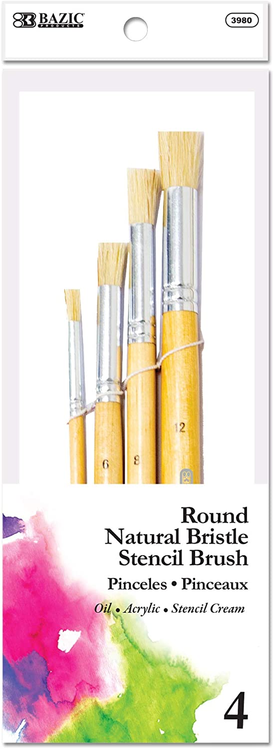 BAZIC Round Natural Bristle Stencil Brush Set, 4 Count Great for Acrylic Oil Watercolor Gouache Body Painting Skin Art