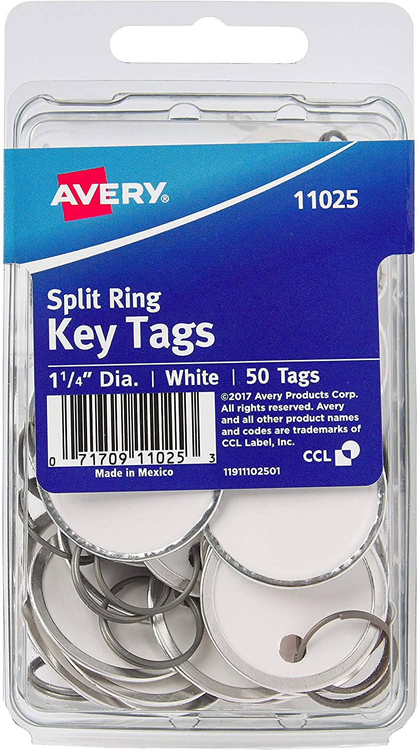 AVERY Metal Rim Key Tags, 1.25" Diameter Tag, Metal Split Ring, 50 Tags White