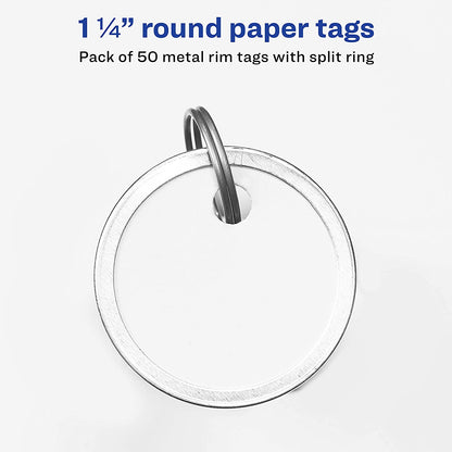 AVERY Metal Rim Key Tags, 1.25" Diameter Tag, Metal Split Ring, 50 Tags White