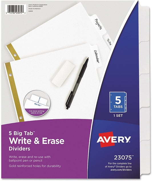 Avery Write and Erase Big Tab Paper Dividers, 5-Tab, White, Letter, 50% larger than standard Tabs