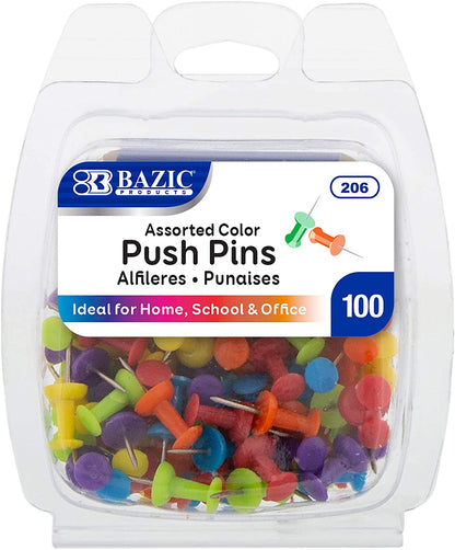 New Assorted Color Push Pins 100 per Pack - Sharp Steel Point