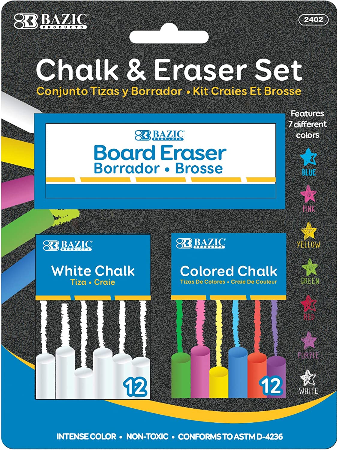 12 Color and 12 White Chalk with Eraser Set - School, Art, Crafts, or Outside - Boardroom or Classroom