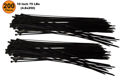 NiftyPlaza 10 Inch Cable Ties - 200 Pack - UV Weather Resistant - 75 LBS Nylon Wrap Zip Ties