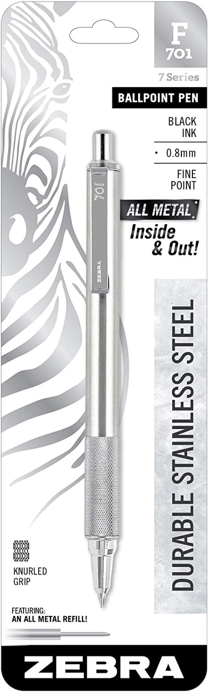 Zebra Pen F-701 Ballpoint Stainless Steel Retractable Pen, 1-Count, Fine Point, 0.8mm, Black Ink