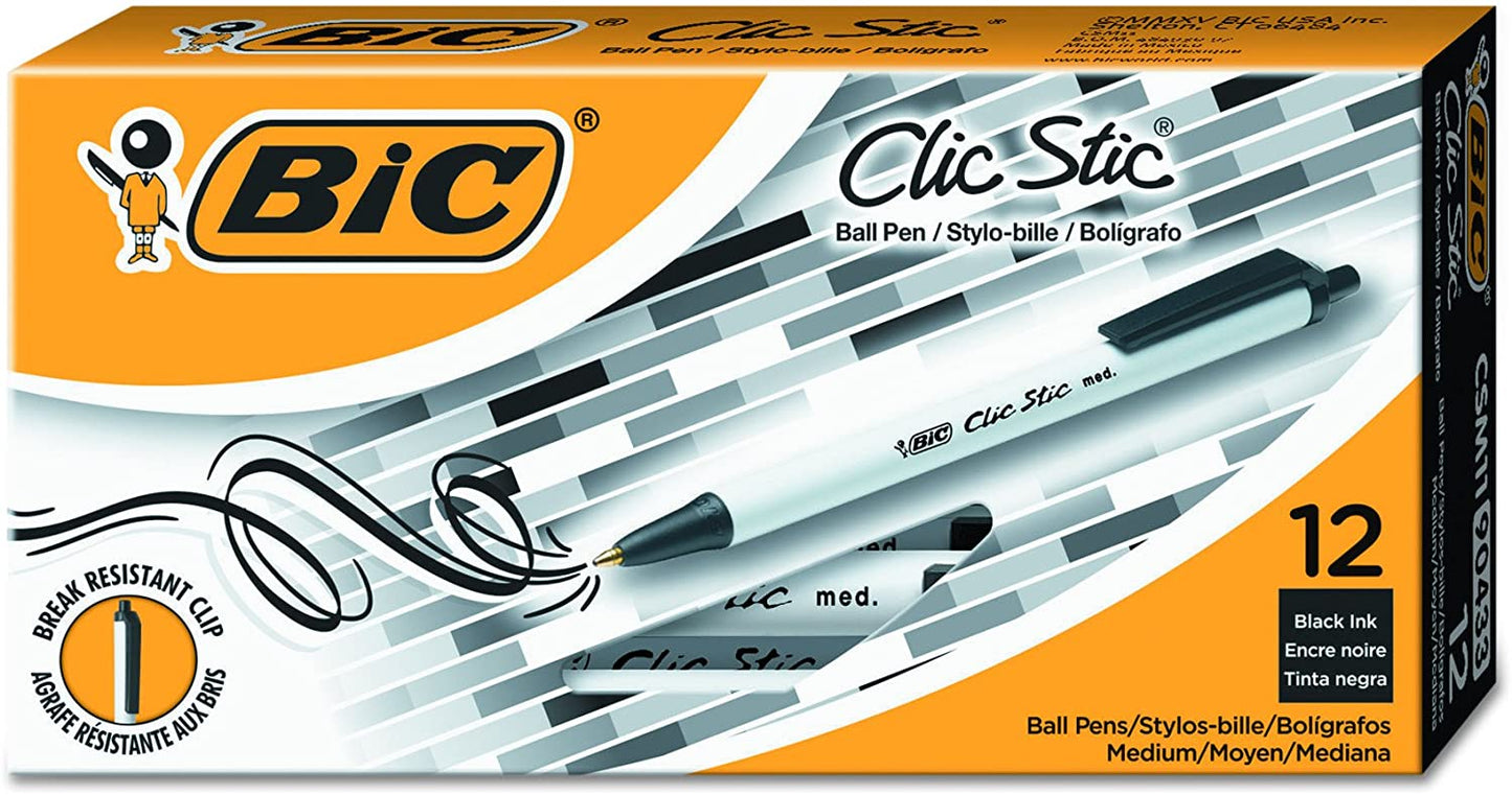 BIC Clic Stic Retractable Ball Pen, Medium Point (1.0mm), Black, 12-Count