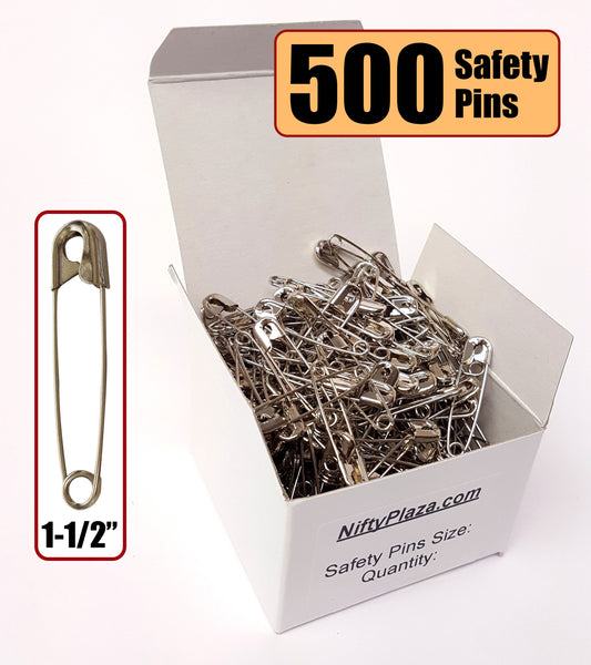 NiftyPlaza Large Safety Pins, Size 1-1/2", 500 Safety Pins, Nickel Pleated, Rust Resistant