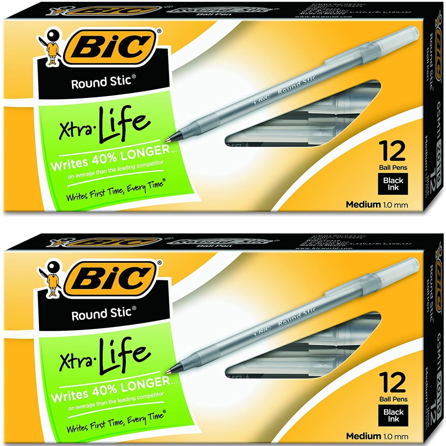BIC Round Stic Xtra Life Ballpoint Pen, Medium Point (1.0mm), Black, 24-Count -Pack of 2