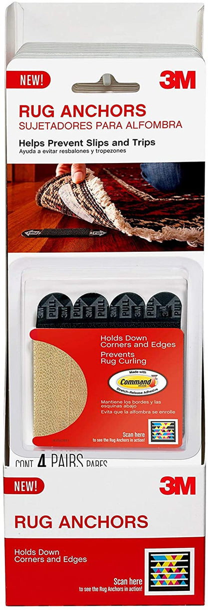 3M Rug Anchors, helps prevent slips and trips, 4 Pairs Black, Helps Keep Rug Corners Firmly in Place
