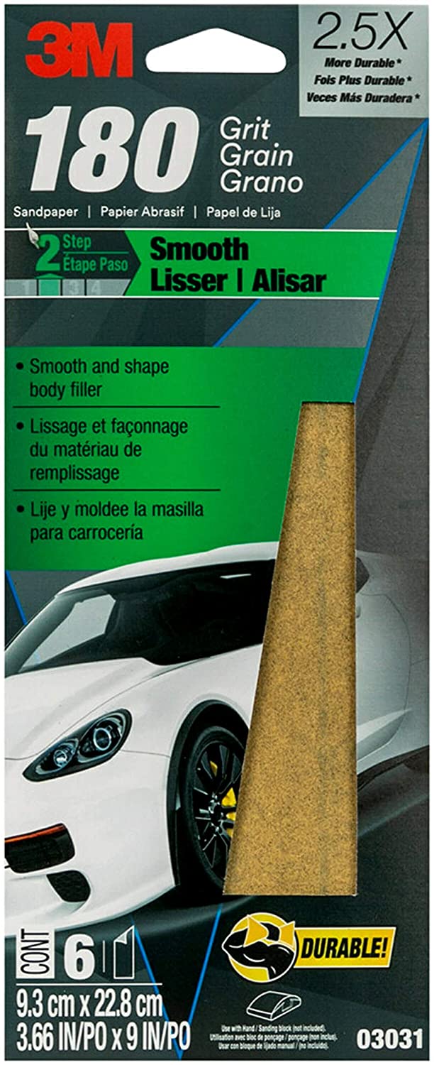 3M Sandpaper, 03031, 180 Grit, 3 2/3 in x 9 in, Packaging May Vary, Smoothing Body Filler