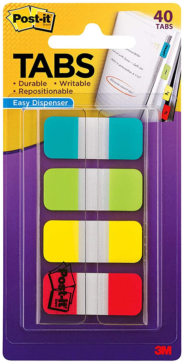 Post-it Tabs - 625 in Solid, Aqua, Lime, Yellow, Red, 10 Color, 40 Dispenser