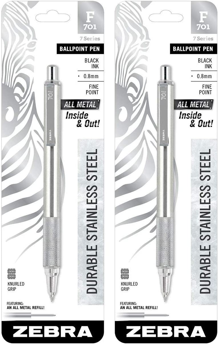 Zebra Pen F-701 Ballpoint Stainless Steel Retractable Pen, 2-Count, Fine Point, 0.8mm, Black Ink