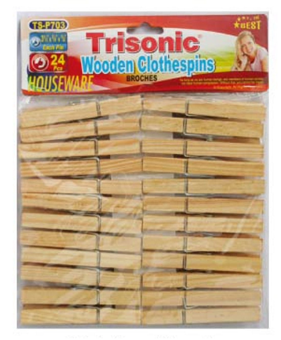 Wooden Clothes Pins - 24 Pcs Close Wire Springs - Drying, Hanging, Clothes, Laundry and Linens 3½" Long - TriSonic