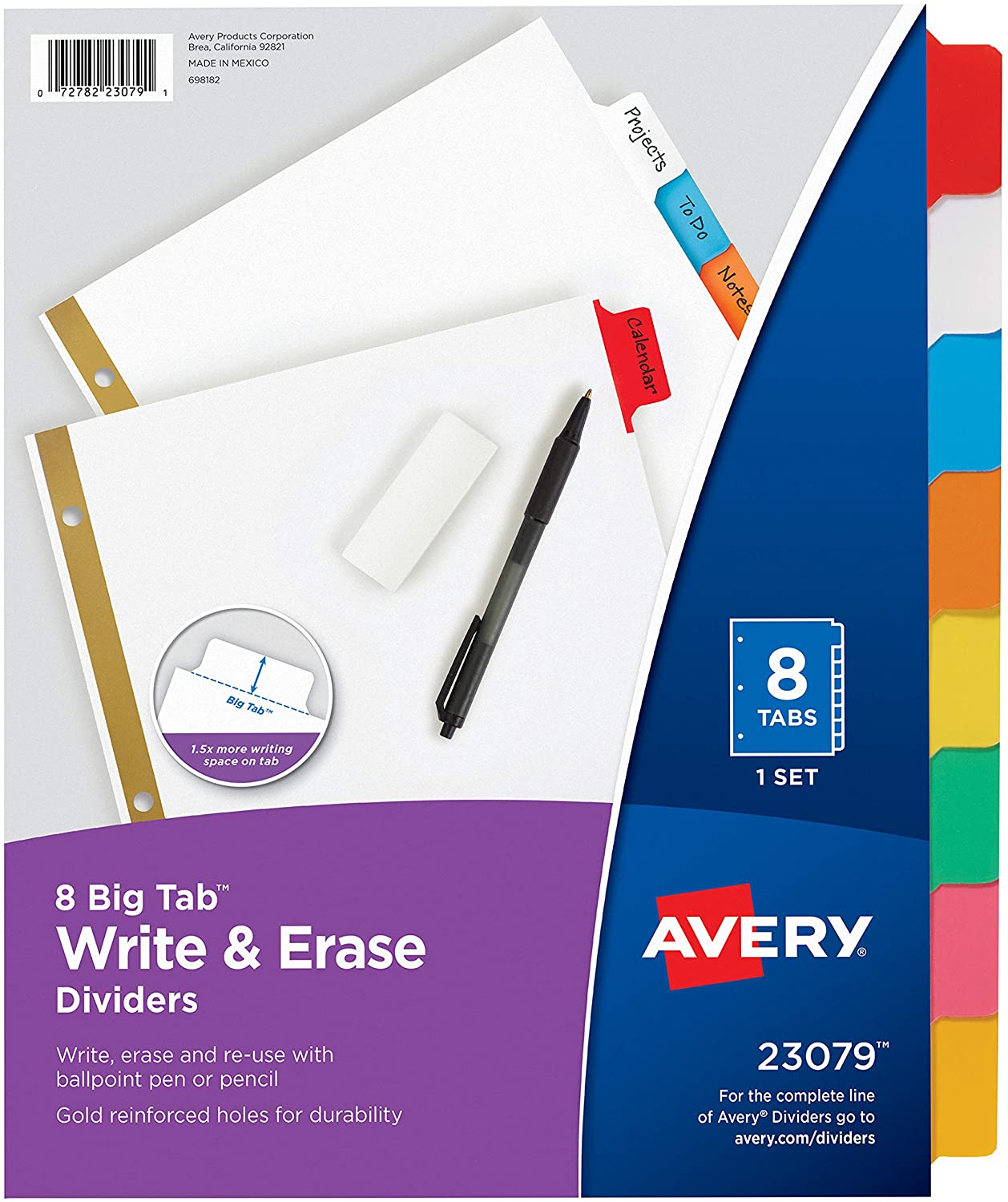 Avery 8-Tab Binder Dividers,1 Set, Write and Erase Multicolor Big Tabs, 3-hole punched and ready for Use