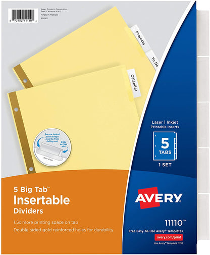 Avery 5-Tab Binder Dividers, 1 Set, Insertable Clear Big Tabs, Quick, Easy Organization