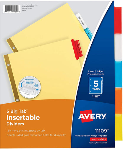 AVERY 5-Tab Binder Dividers, 1 Set Insertable Multicolor Big Tabs, Solution to Paper Organization