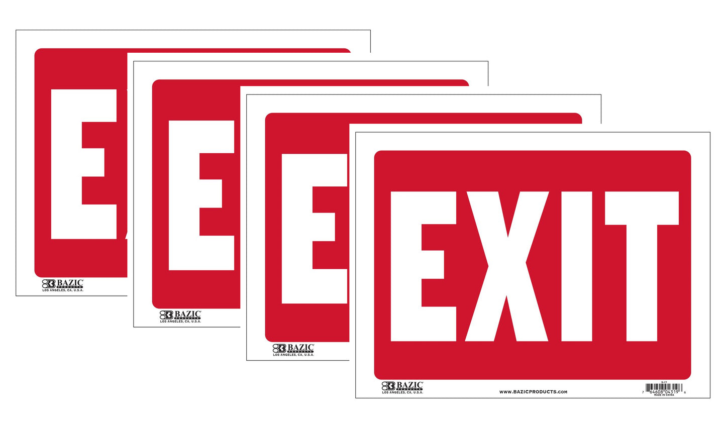 EXIT Sign 9"x12" Durable Plastic, Weatherproof, Bright and Highly Visible - 4-Count, S17
