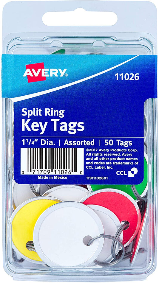 Avery Metal Rim Key Tags, 1.25" Diameter Tag, Metal Split Ring, 50 Tags Assorted Colors