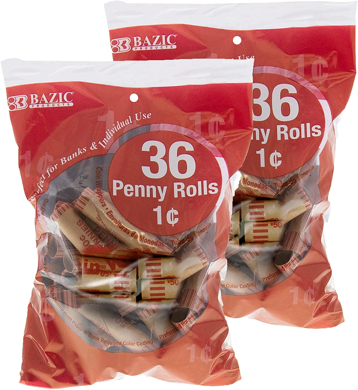 BAZIC Penny Coin Wrappers Rolls, Made in USA, 72-Count Durable Preformed Paper Coins Tubes - Pack of 2