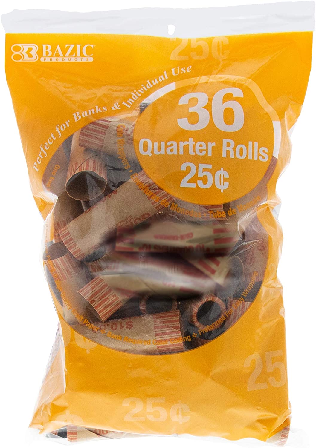 BAZIC Quarter Coin Wrappers Rolls, Made in USA, 36-Count Durable Preformed Paper Coins Tubes