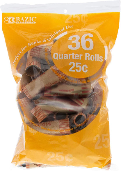 BAZIC Quarter Coin Wrappers Rolls, Made in USA, 36-Count Durable Preformed Paper Coins Tubes