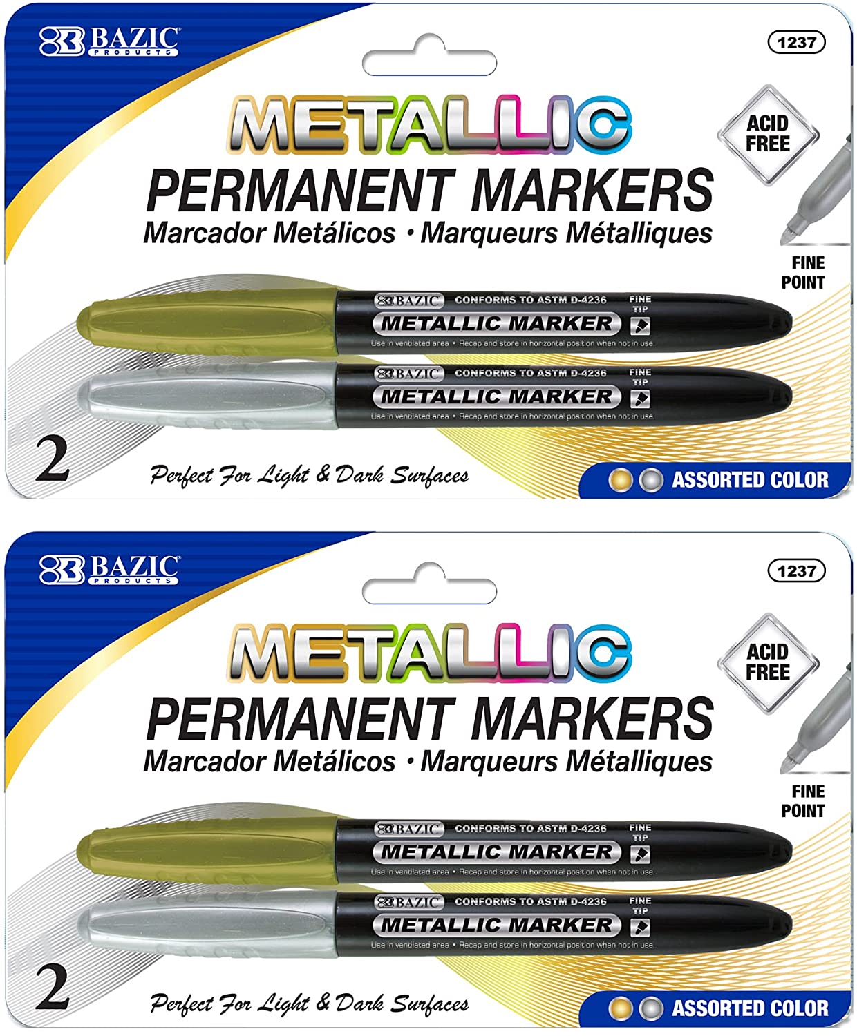 Permanent Markers Metallic Silver Gold, 4 pcs Fine Line Sparkle Coloring on Plastic Wood Metal Glass Stone (2/Pack)