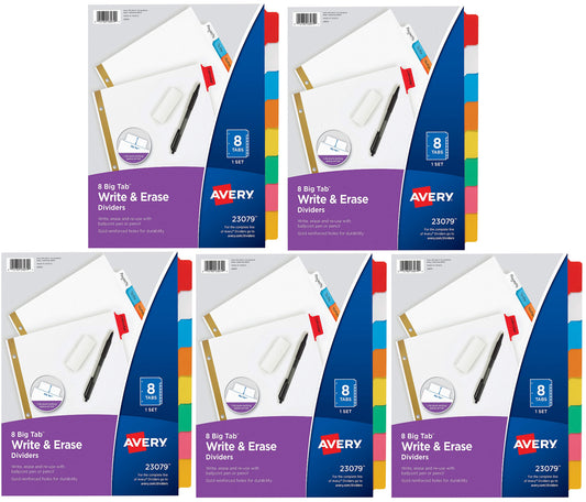 Avery 8-Tab Binder Dividers,5 Set, Write and Erase Multicolor Big Tabs, 3-hole punched Ready for Use