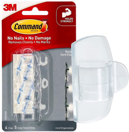 3M Command Round Cord Clips, 4-Clips with Adhesive, Clear, Organizing Multiple Cord Sizes