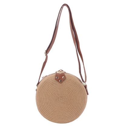 NiftyPlaza Round Shoulder Bag Leather Straps Beige Color Classic and Women Fashion Summer Beach Bag