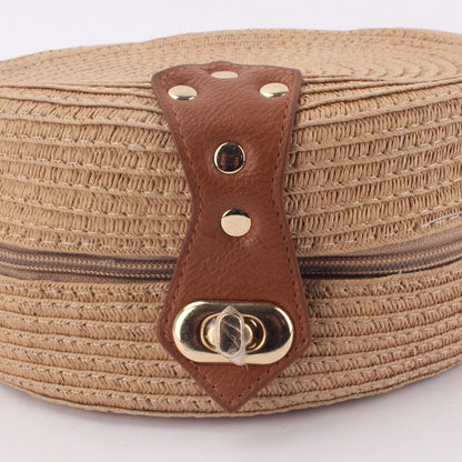 NiftyPlaza Round Shoulder Bag Leather Straps Beige Color Classic and Women Fashion Summer Beach Bag