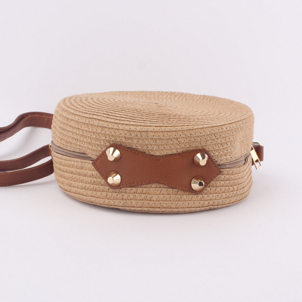 NiftyPlaza Round Shoulder Bag Leather Straps Beige Color Classic and Women Fashion Summer Beach Bag