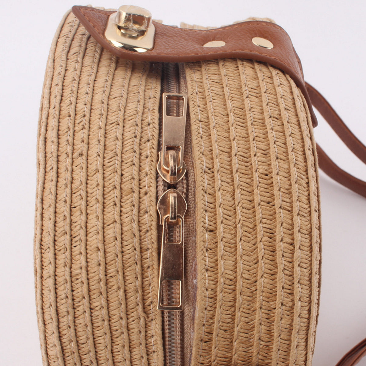 NiftyPlaza Round Shoulder Bag Leather Straps Beige Color Classic and Women Fashion Summer Beach Bag