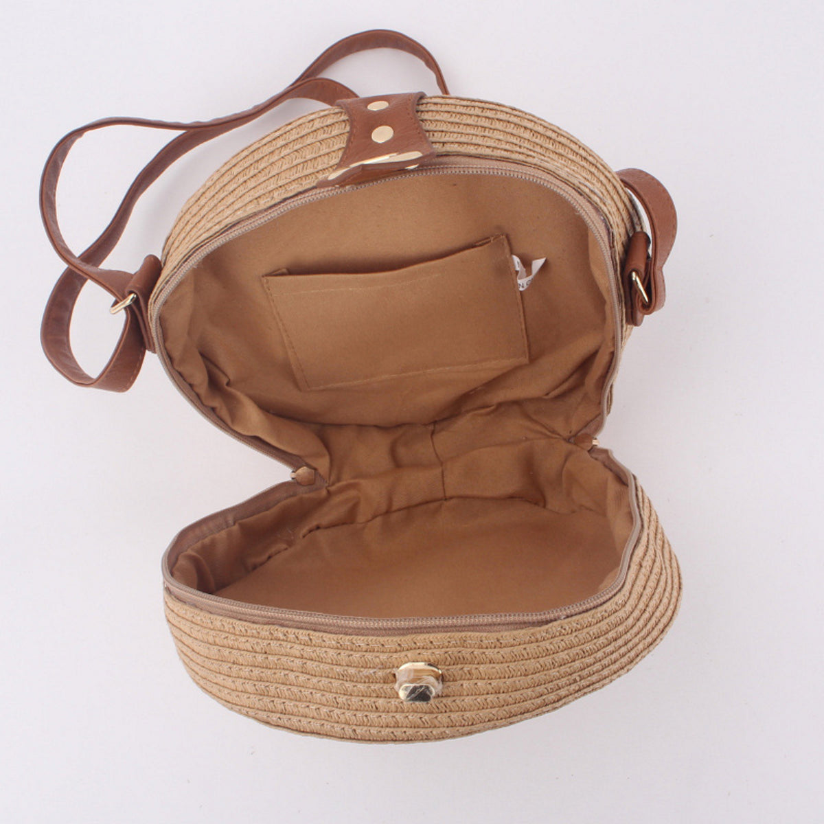 NiftyPlaza Round Shoulder Bag Leather Straps Beige Color Classic and Women Fashion Summer Beach Bag