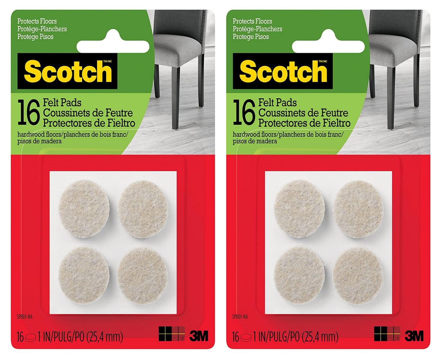 Scotch Felt Pads Round, 1 inch Diameter, 32 pcs Beige Fastening and Surface Protection Protects floors - 2 Pack