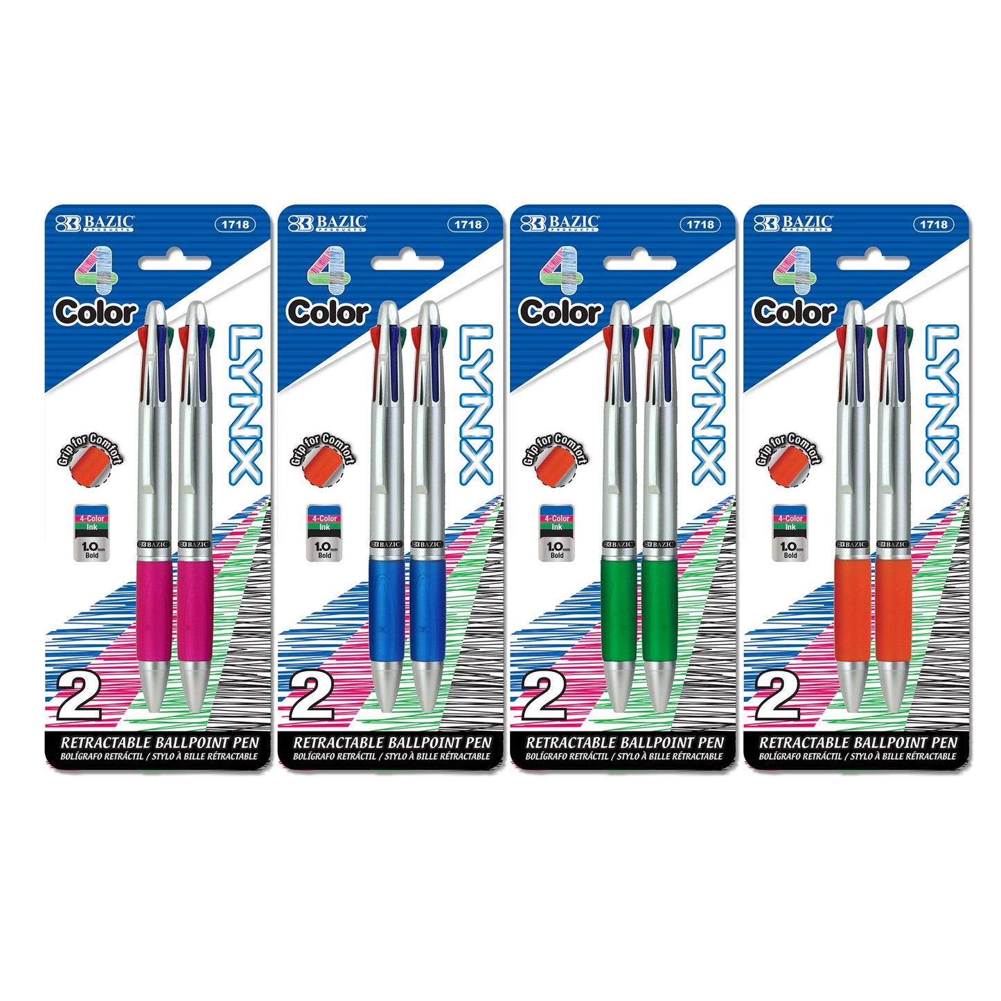 Bazic Silver Top 4-Color Pen with Cushion Grip, 2 Pcs Retractable 4-Color Ballpoint Pens - Random Color
