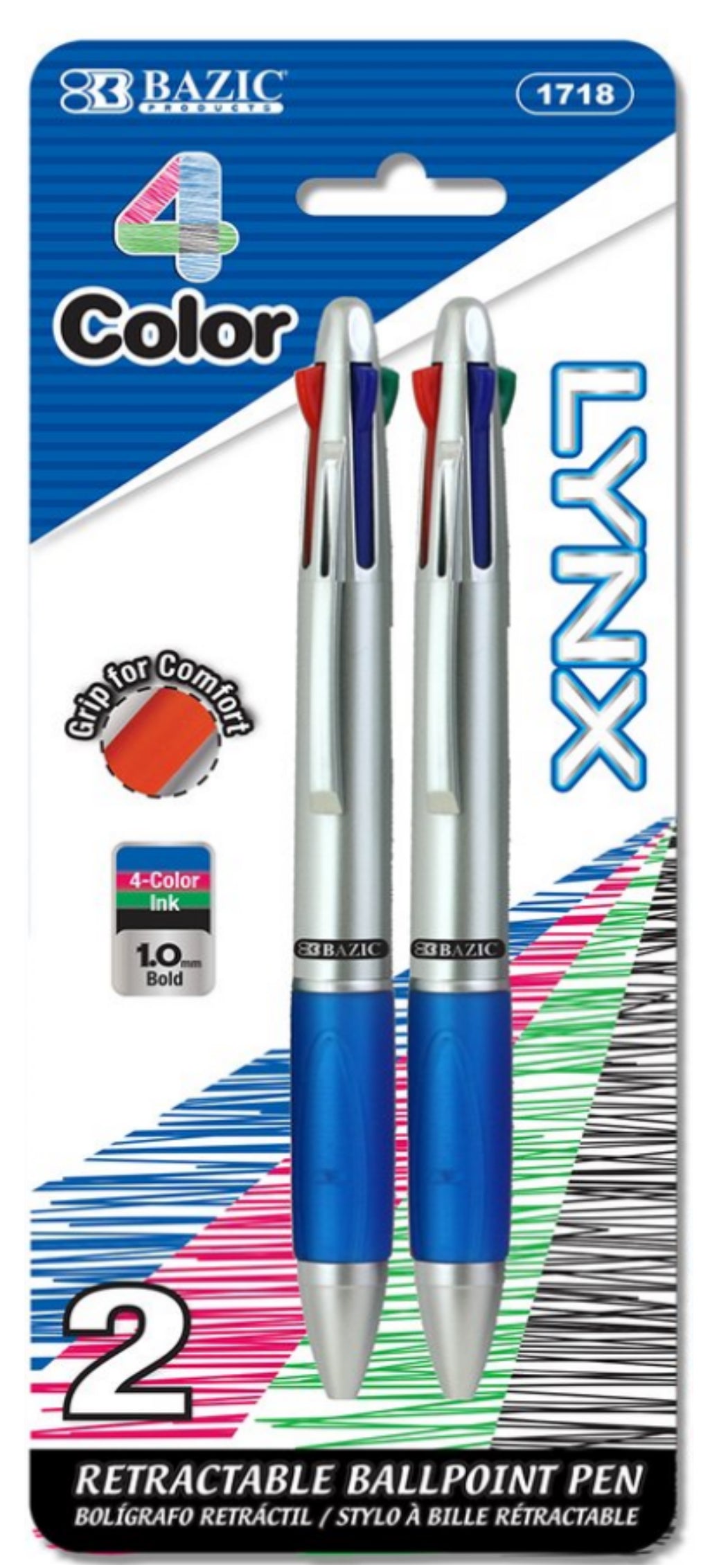 Bazic Silver Top 4-Color Pen with Cushion Grip, 2 Pcs Retractable 4-Color Ballpoint Pens - Random Color