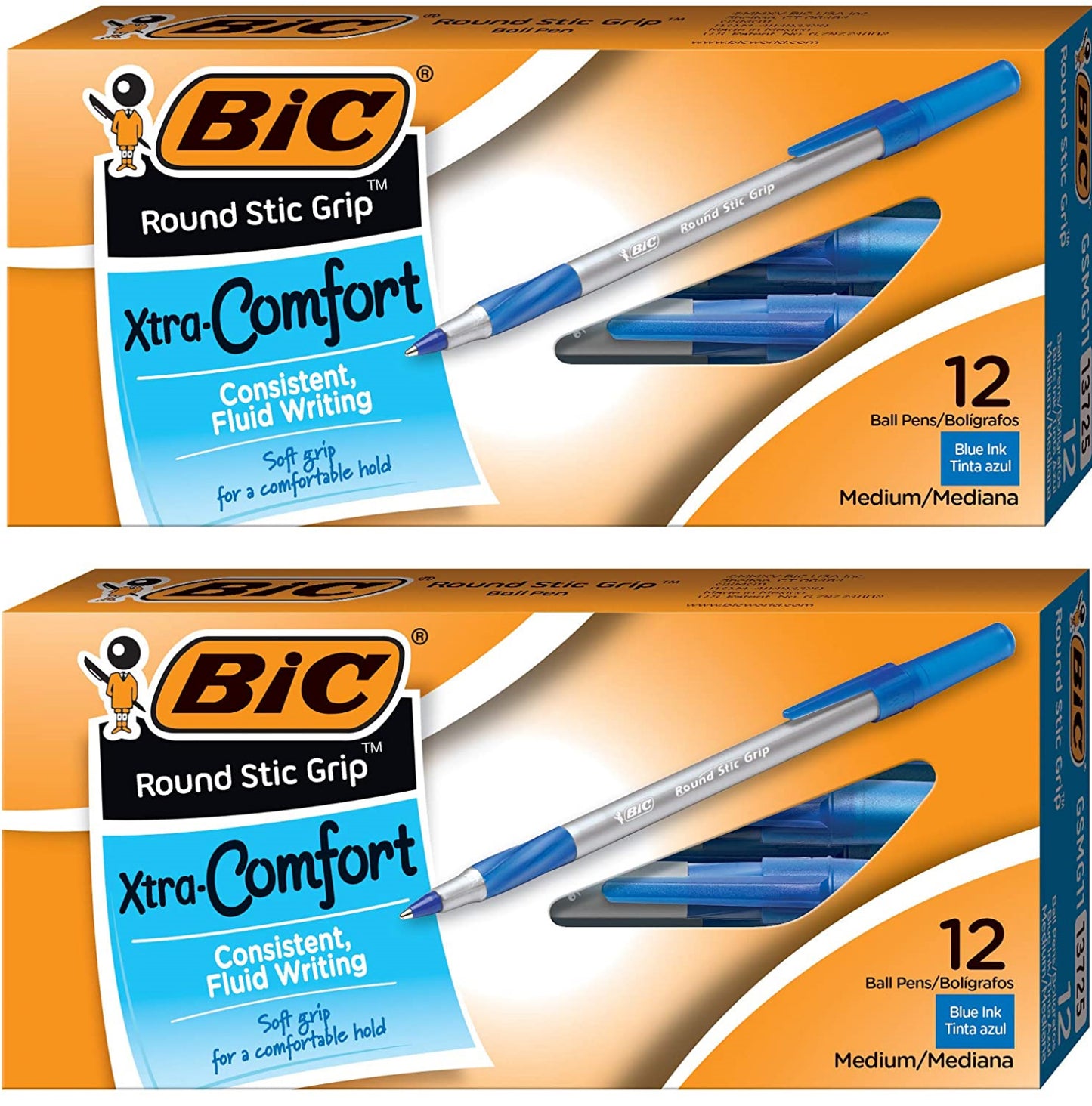 BIC Round Stic Grip Xtra Comfort Ballpoint Pen, Medium Point (1.2mm), 24-Count Blue - Pack of 2