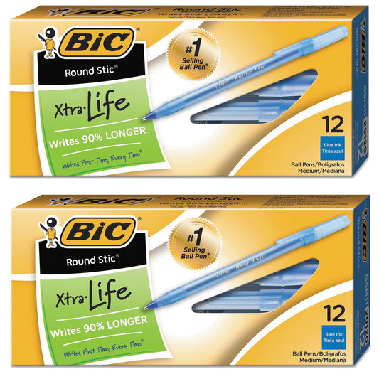 Round Stic Xtra Life Stick Ballpoint Pen, 1mm, Blue Ink, Translucent Blue Barrel, 2 Dozen - Pack of 2