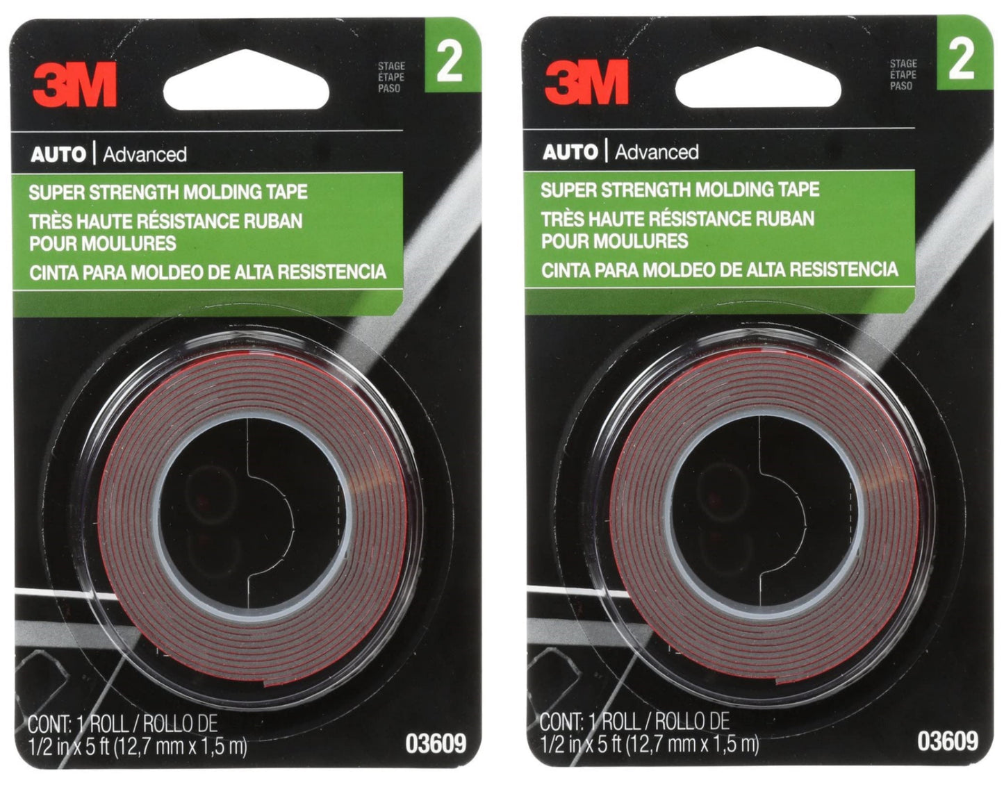 3M Super Strength Molding Tape, 03609, 1/2 in x 5 ft Resists moisture, UV and Solvents - Pack of 2