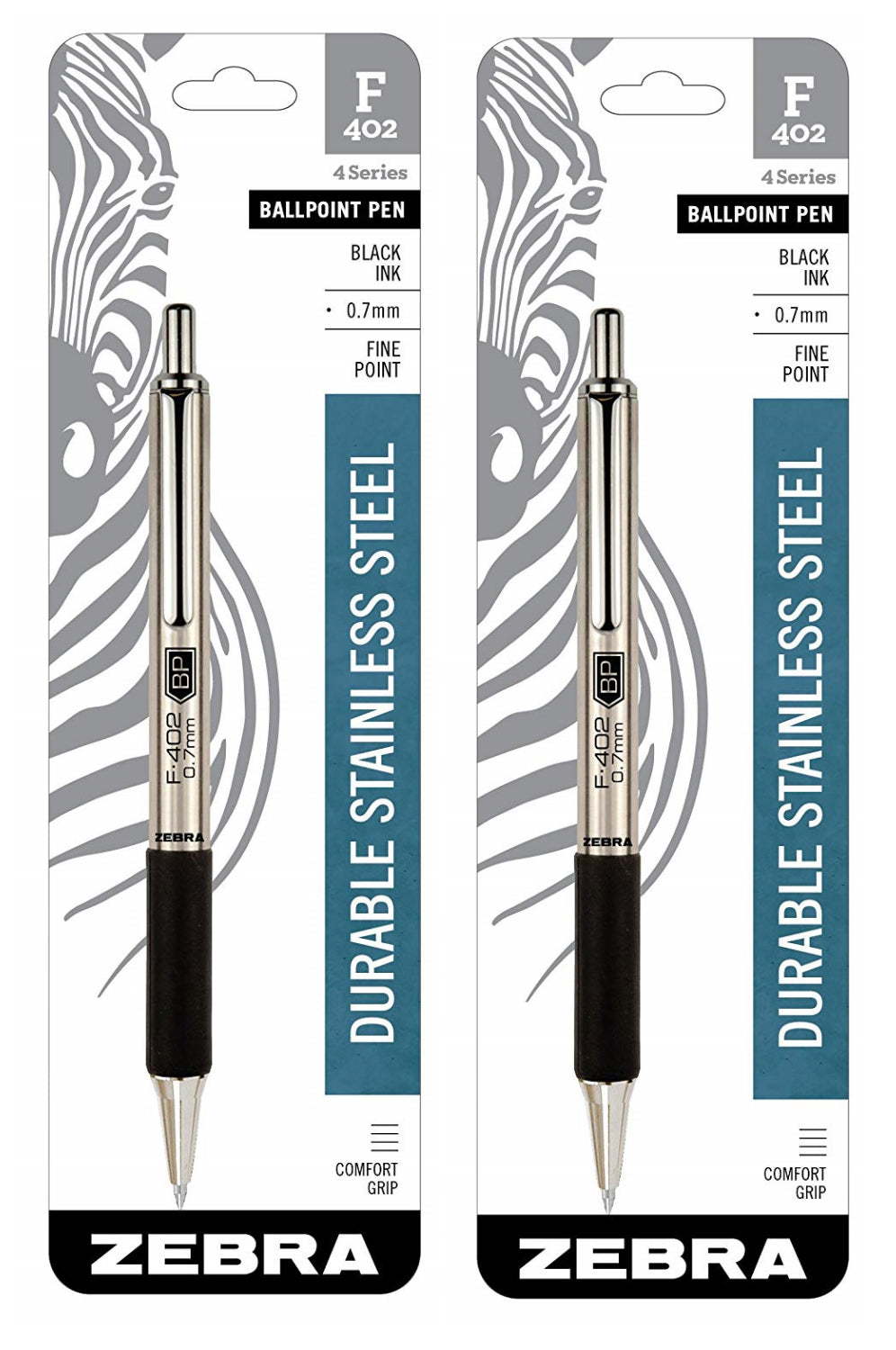 F-402 Ballpoint Stainless Steel Retractable Pen, 2 pcs Fine Point, 0.7mm, Black Ink - Pack of 2