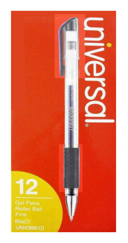Universal 12 pcs Comfort Grip Stick Gel Pen, Medium 0.7mm, Black Ink, Clear Barrel fade-resistant Ink